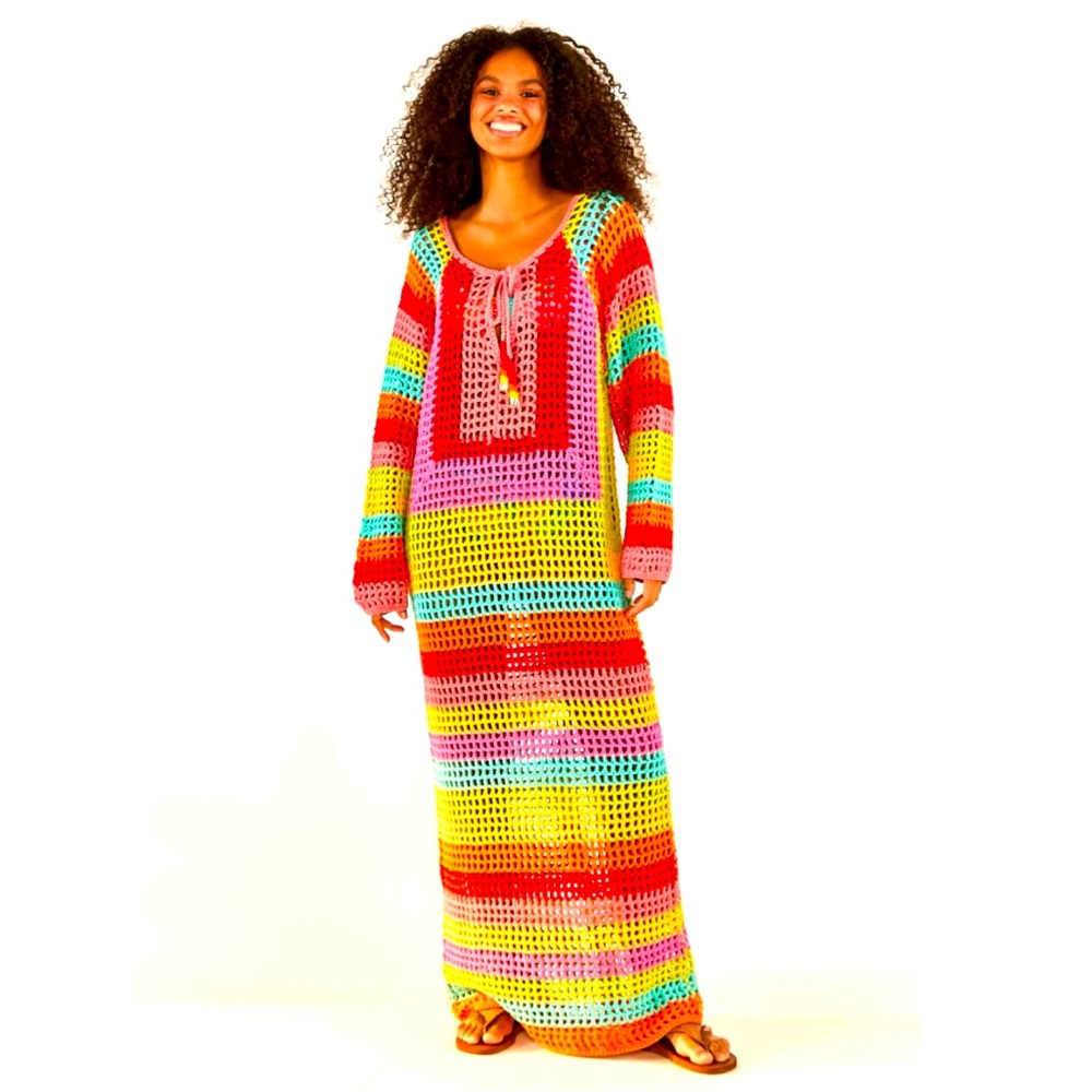 #185-FARM Rio Striped Multicolor Crochet Dress, Size Small